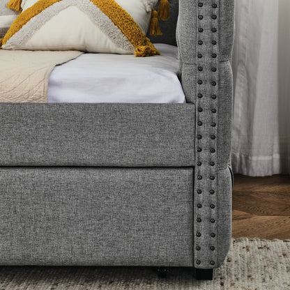 Upholstered Full Size Bed with Two Drawers, Grey