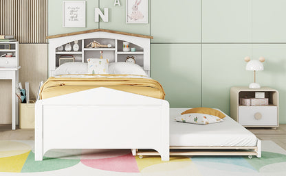 House-shaped Bed with Storage Headboard and Trundle, White