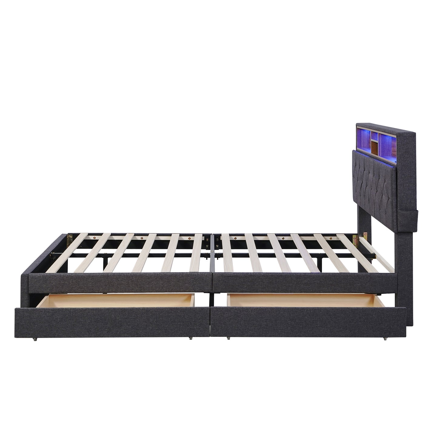 full size upholstered bed with storage headboard, led, usb charging and 2 drawers, dark gray