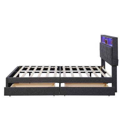 Full Size Upholstered Bed with Storage Headboard, LED, USB Charging and 2 Drawers, Dark Gray