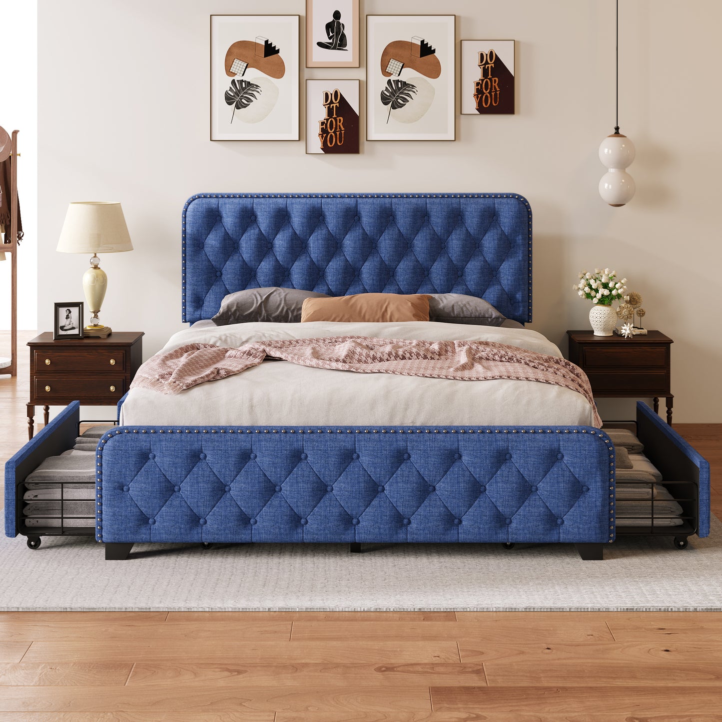 sara upholstered platform bed frame with four drawers, blue