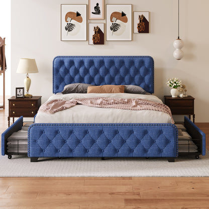 Sara Upholstered Platform Bed Frame with Four Drawers, Blue