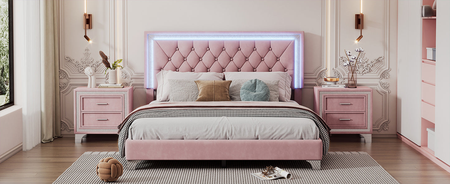 upholstered velvet bed frame with led lights, pink