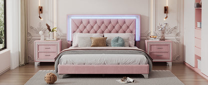 Upholstered Velvet Bed Frame with LED Lights, Pink