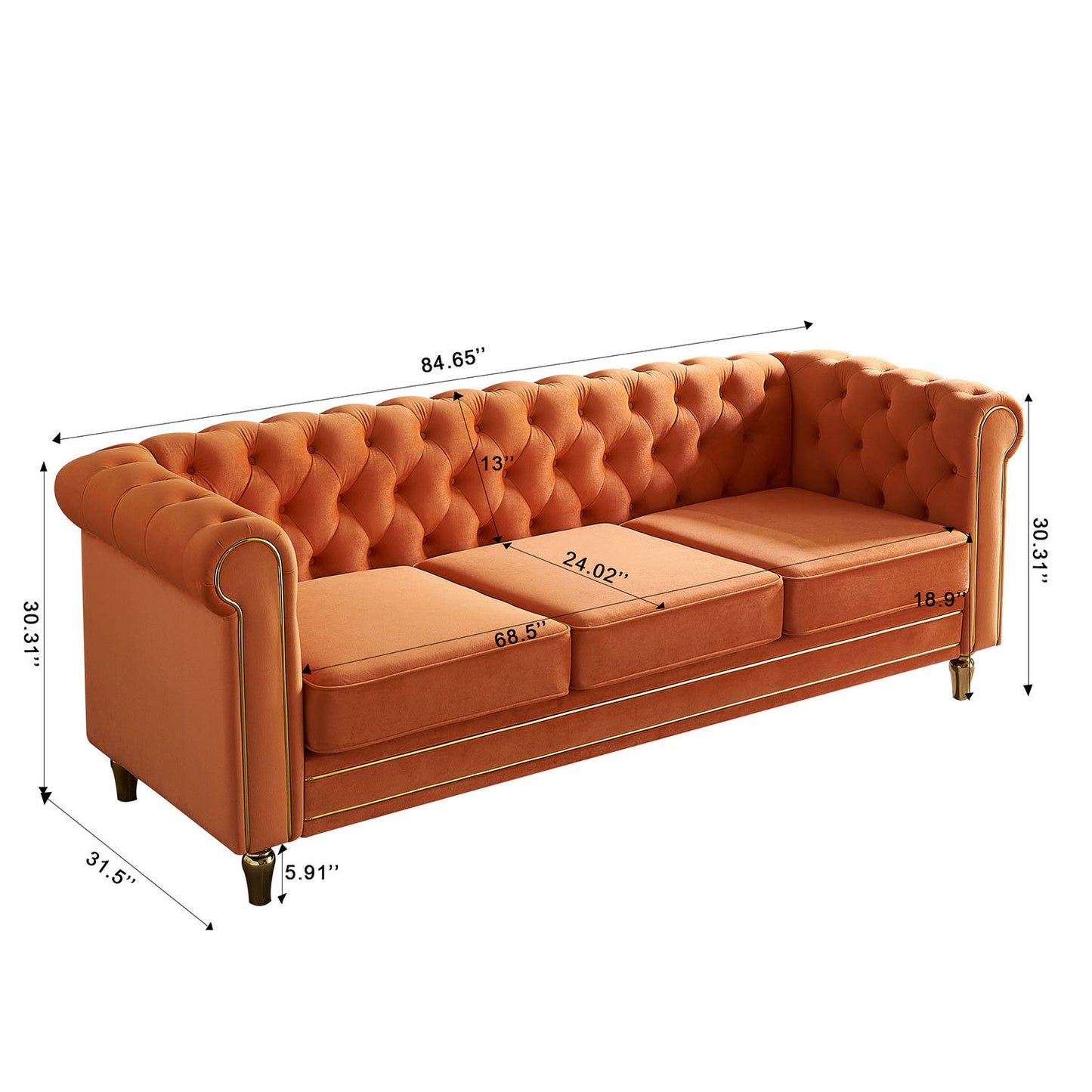 chesterfield velvet sofa, orange