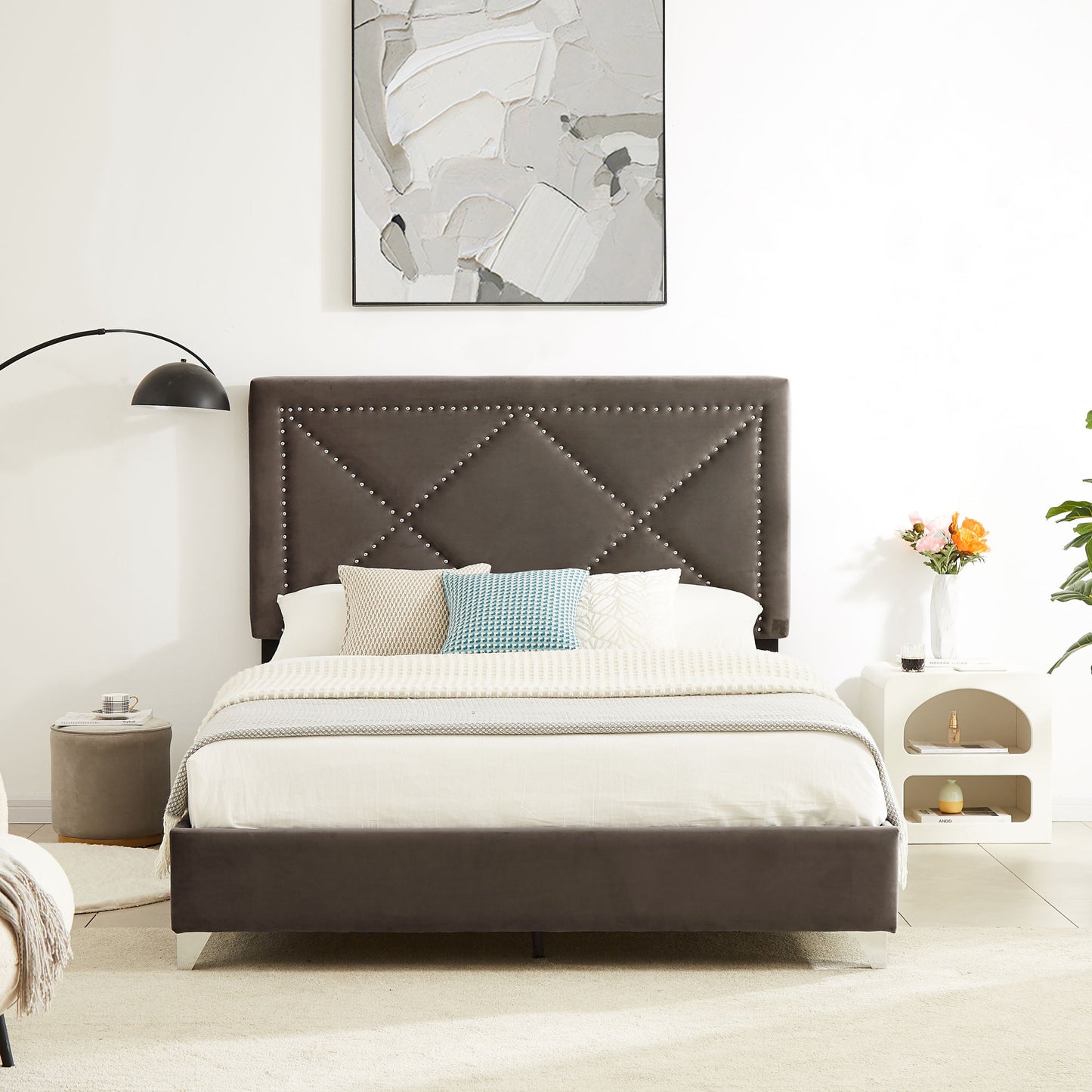 beautiful brass studs adorn the headboard, strong wooden slats + metal legs with electroplate