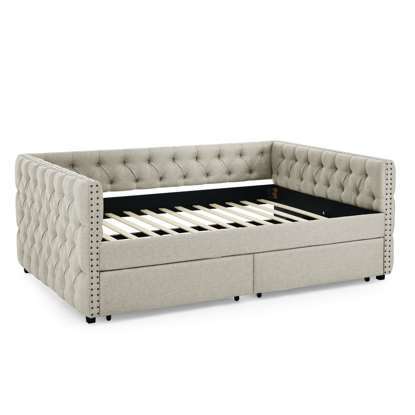upholstered full size bed with two drawers, beige