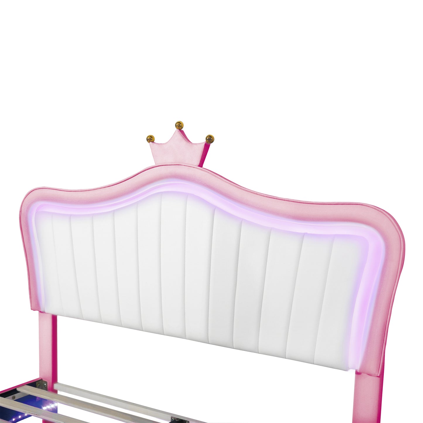 modern upholstered princess bed with crown headboard and led lights, white+pink