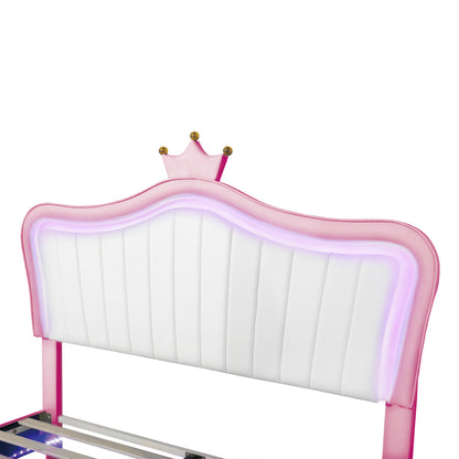Modern Upholstered Princess Bed With Crown Headboard and LED Lights, White+Pink