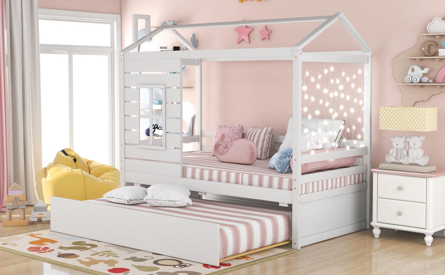 house wood bed with twin size trundle