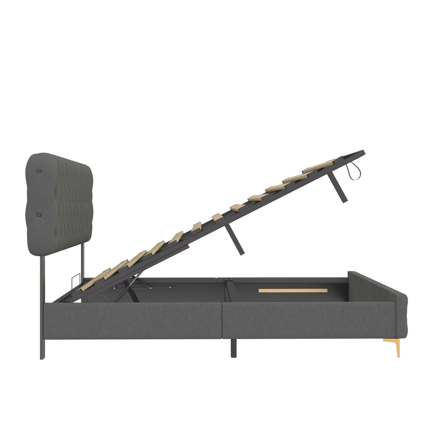 velvet upholstered bed with deep tufted buttons & pneumatic hydraulic function, grey