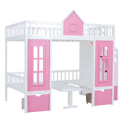 Full-Over-Full Bunk Bed with Changeable Table, Pink