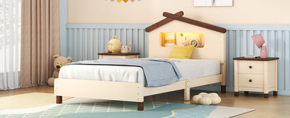 Wood Platform Bed with House-shaped Headboard and Motion Activated Night Lights, Cream+Walnut