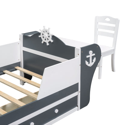Boat-Shaped Platform Bed with Two Drawers, Desk and Chair, White+Gray