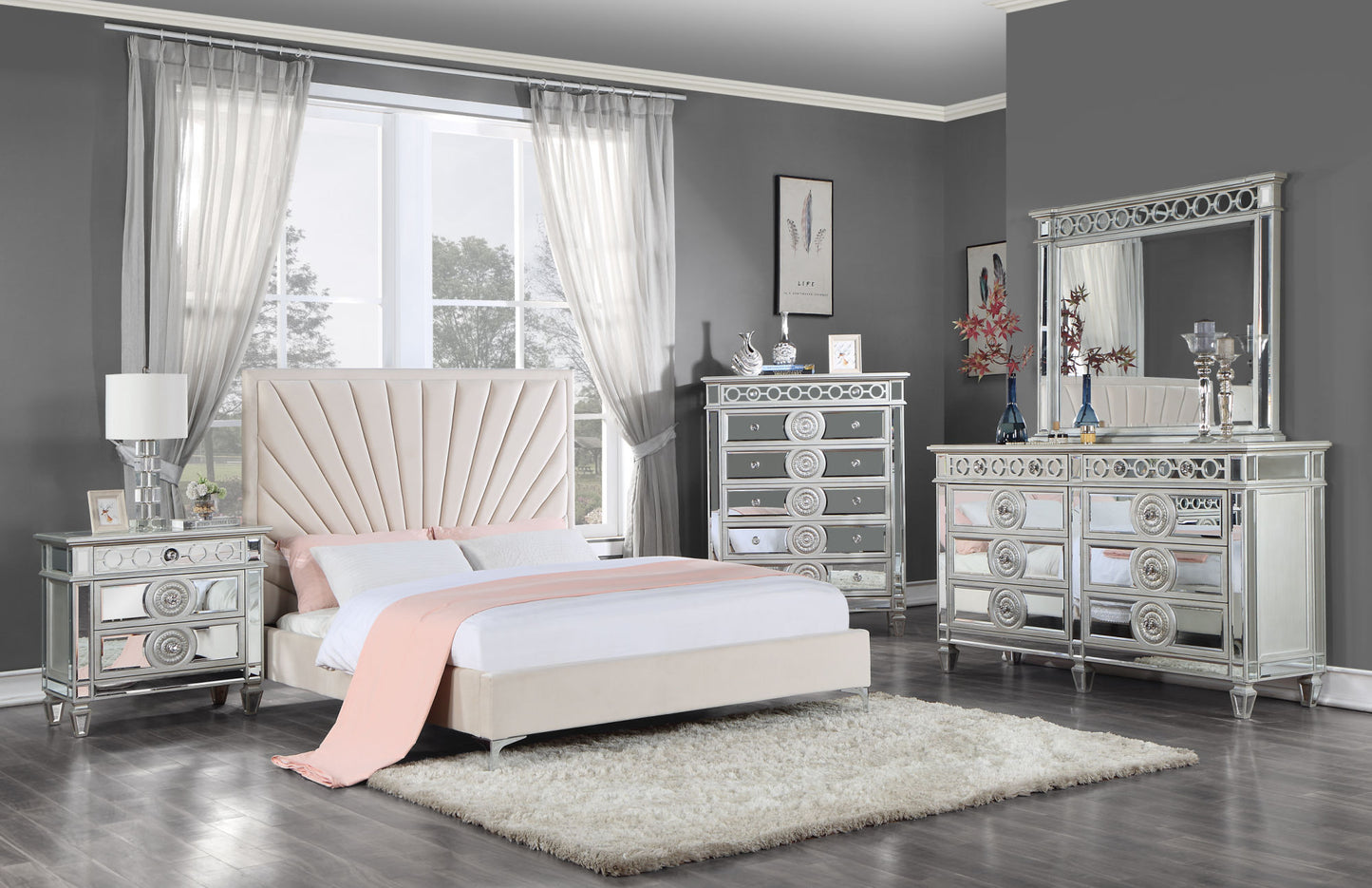 acme faiz queen bed, beige velvet