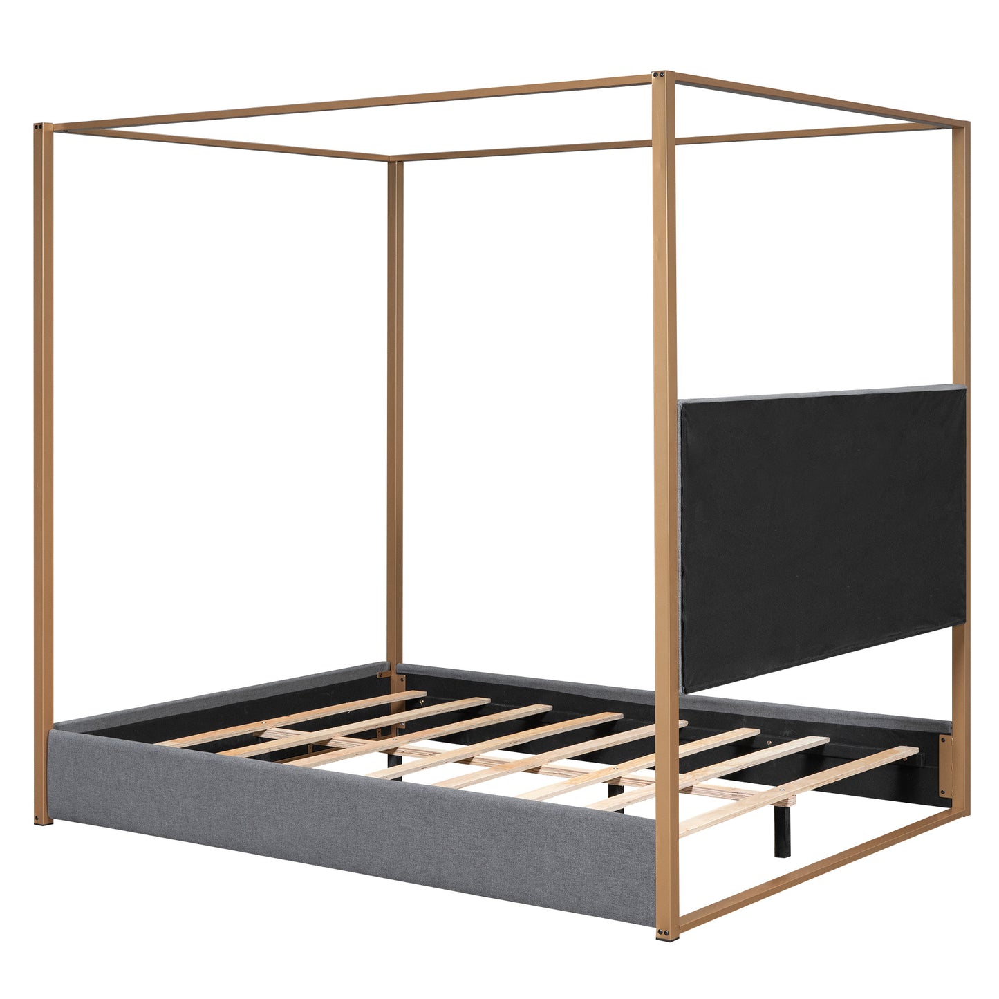 upholstery canopy platform bed with headboard and metal frame, gray