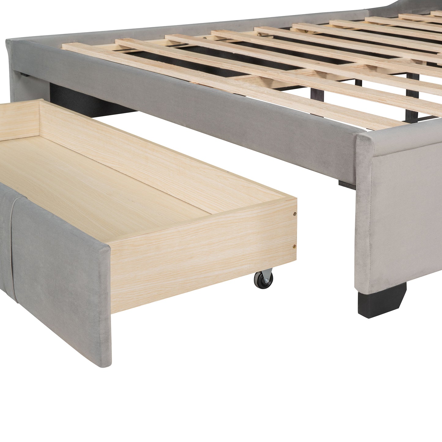 modern velvet upholstered platform bed with wingback headboard and a big drawer