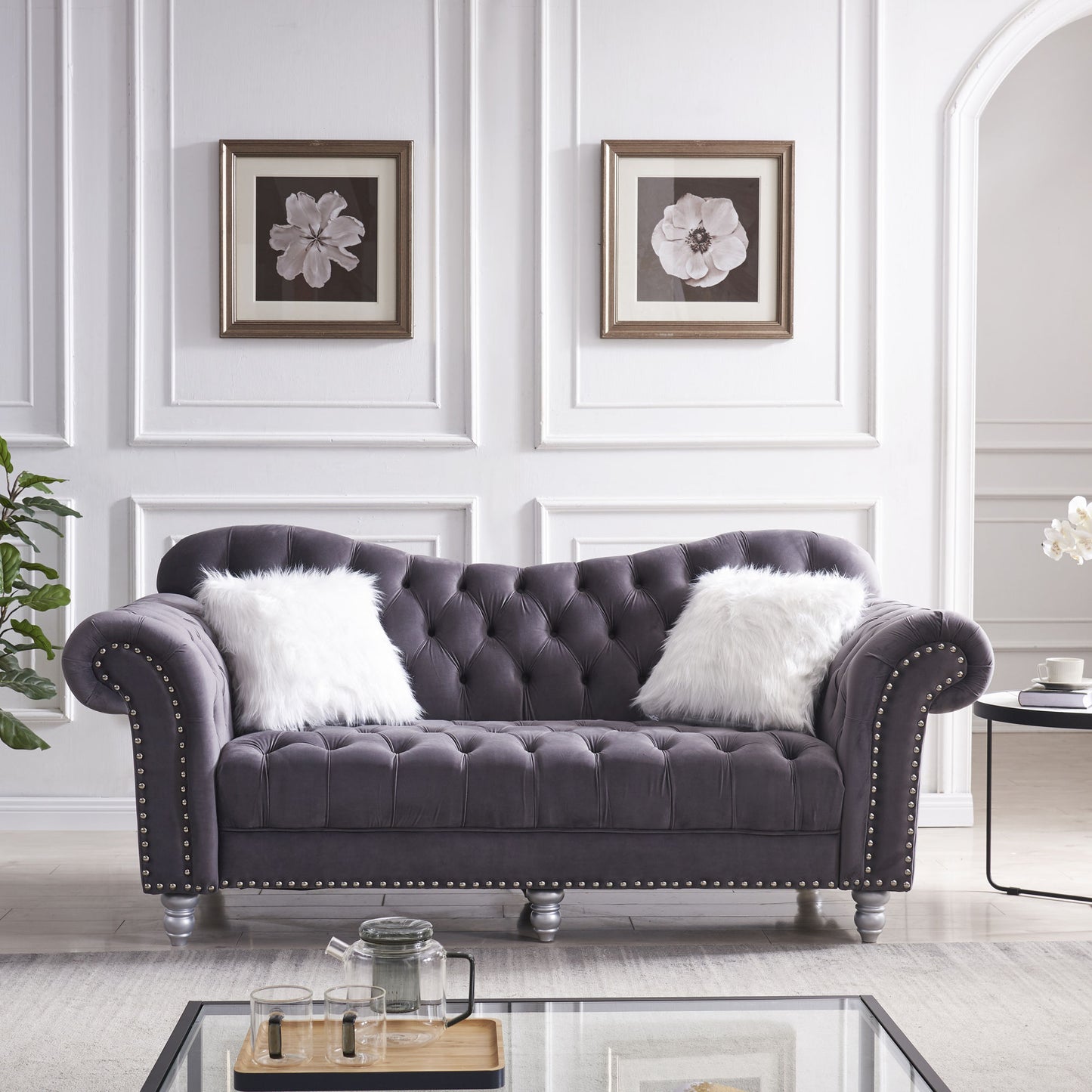 3 piece living room sofa set with 5 white villose pillow, grey