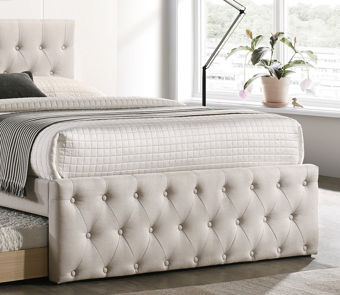 burlap upholstered tufted bed with storage