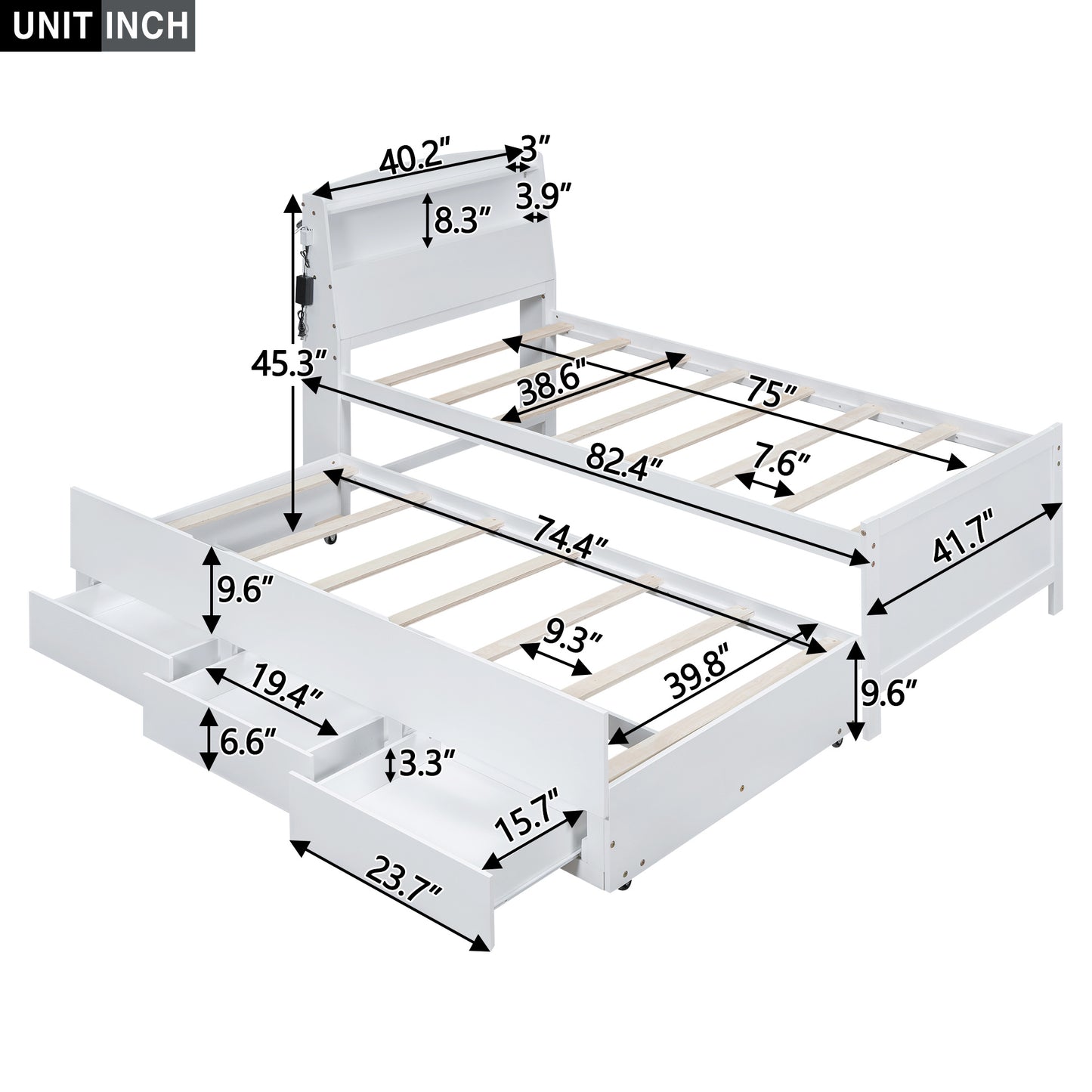platform bed with storage led headboard, twin size trundle and 3 drawers, white