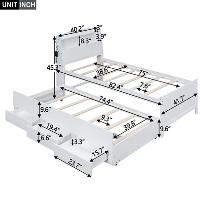 Platform Bed with Storage LED Headboard, Twin Size Trundle and 3 Drawers, White