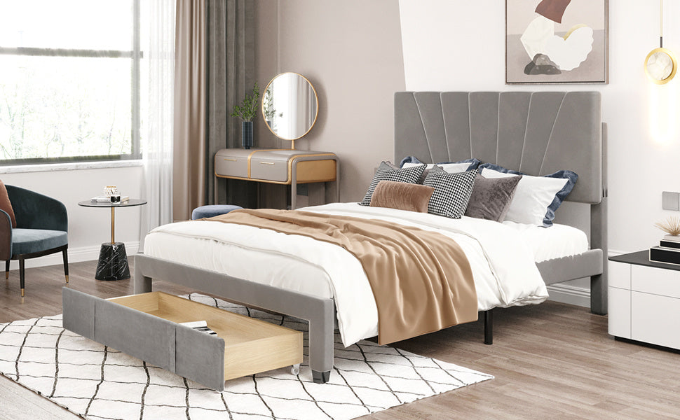 queen size storage bed velvet upholstered platform bed with a big drawer