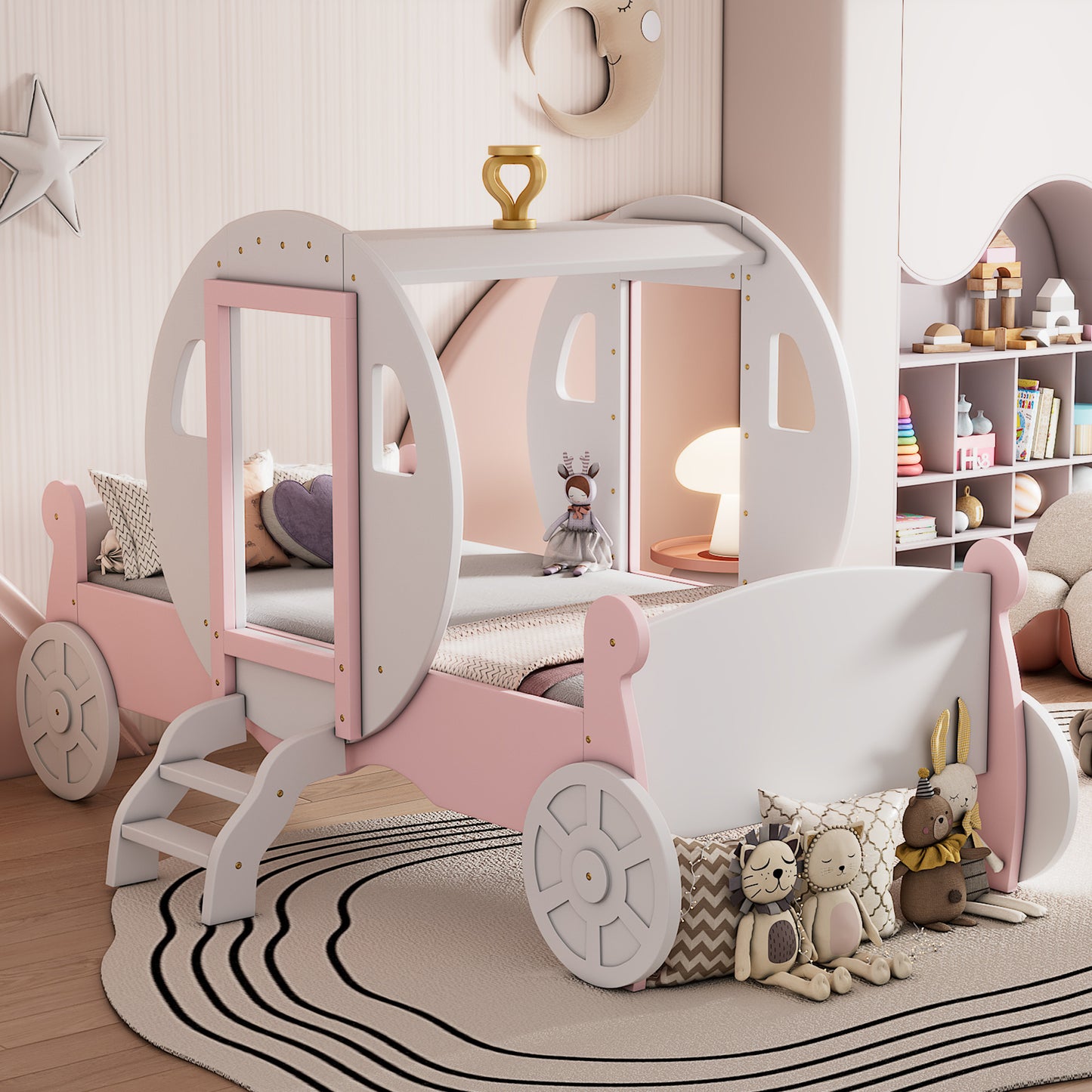 princess carriage bed with crown ,white+pink