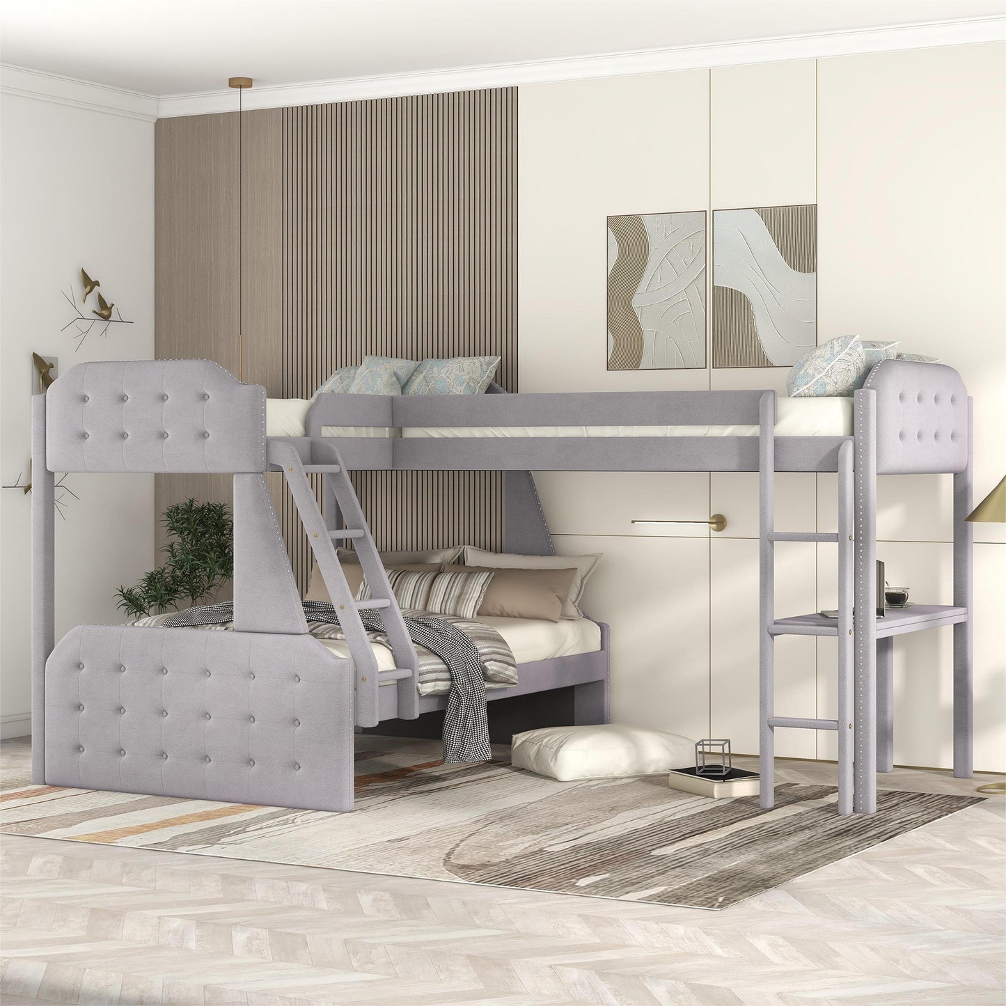 l-shaped twin over full bunk bed and twin sie loft bed with desk