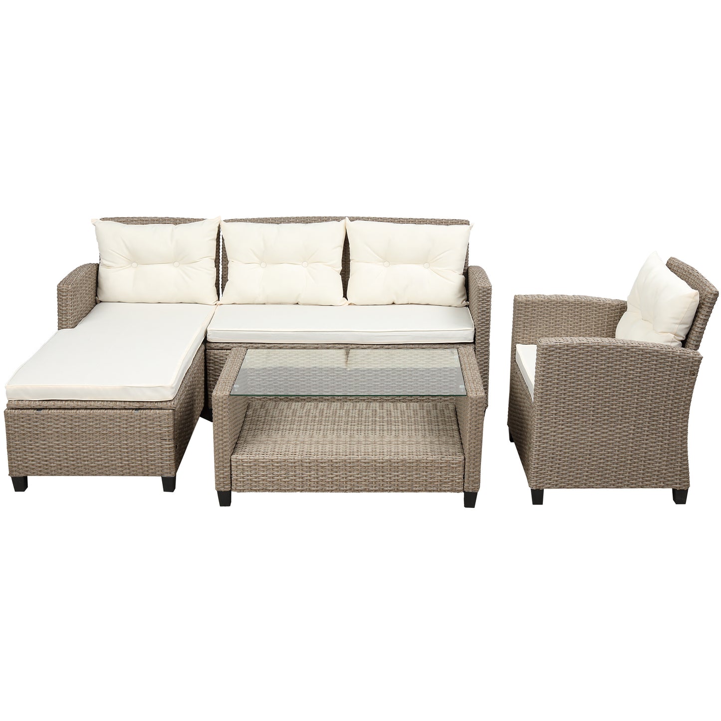 4 piece wicker ratten sectional sofa set with seat cushions, beige brown