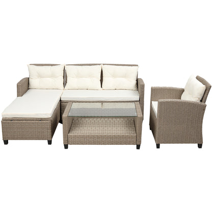 4 Piece Wicker Ratten Sectional Sofa Set with Seat Cushions, Beige Brown
