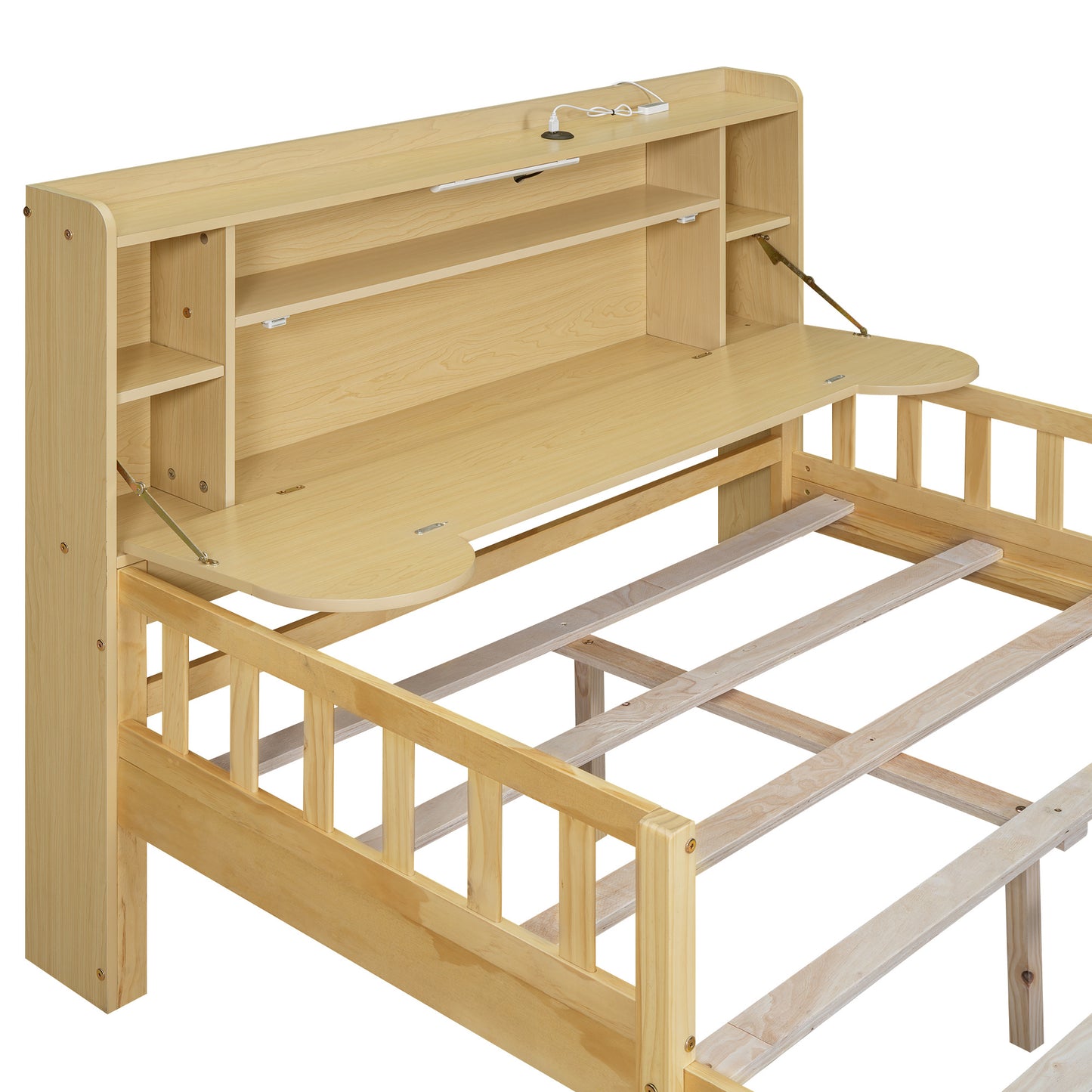 car bed with bear-shaped headboard, usb and led, natural