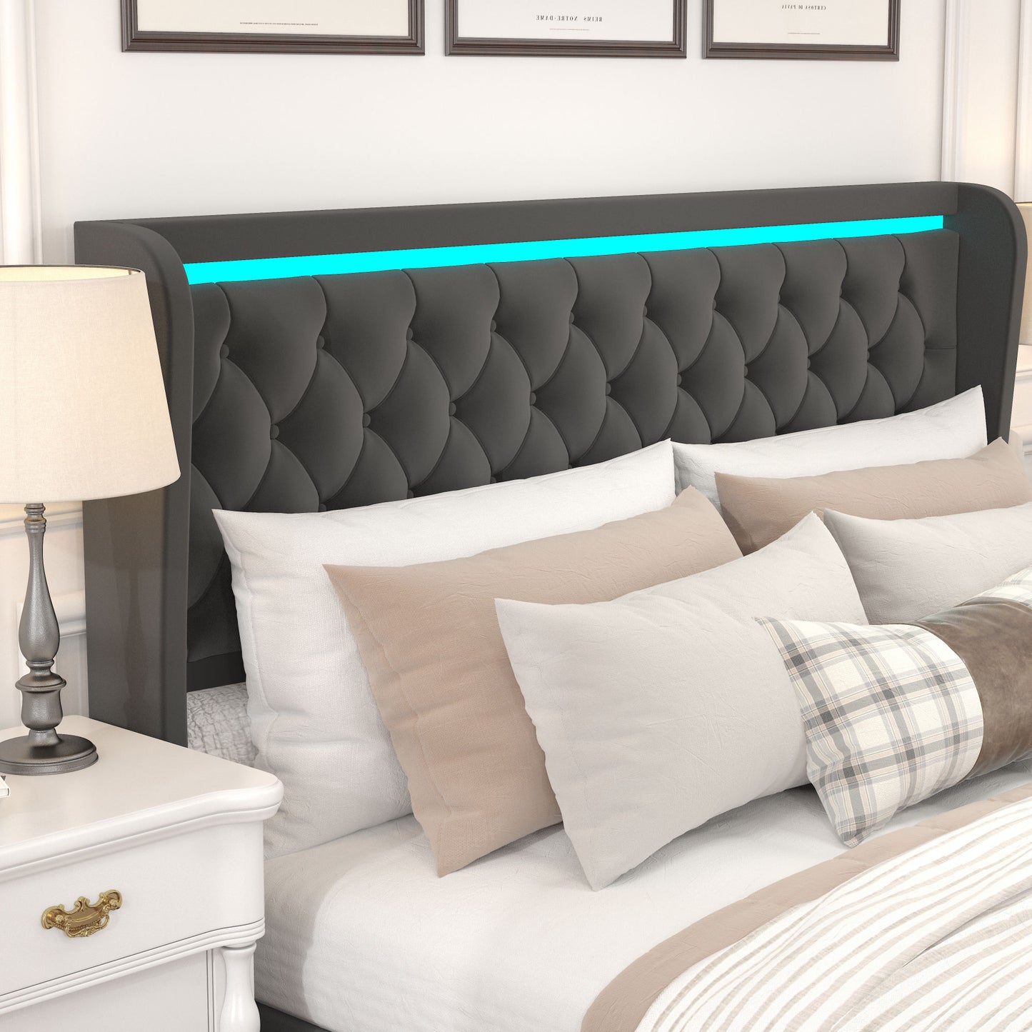 velvet upholstered bed with deep tufted buttons & adjustable colorful led light, black