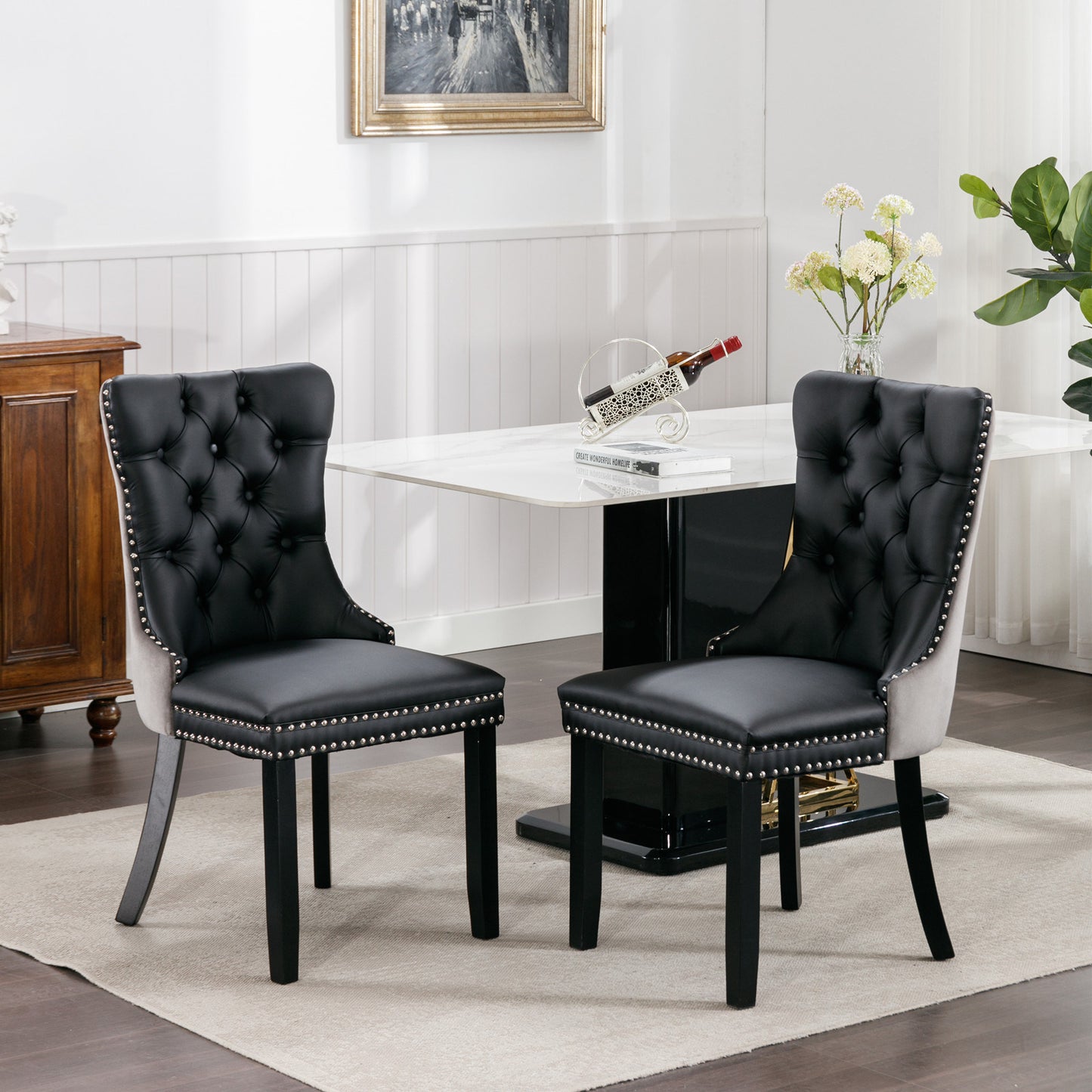 nikki collection modern high-end tufted dining chairs 2-pcs set, black+gray