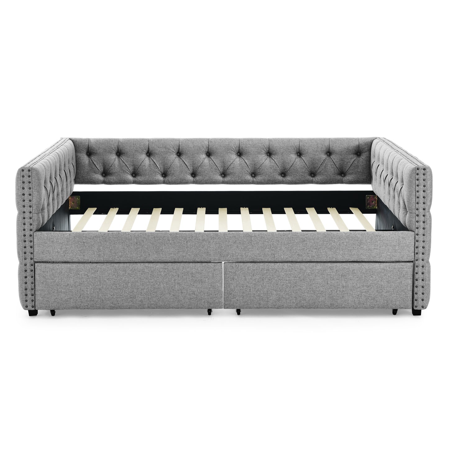 upholstered full size bed with two drawers, grey