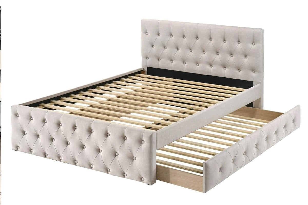 burlap upholstered tufted bed with storage
