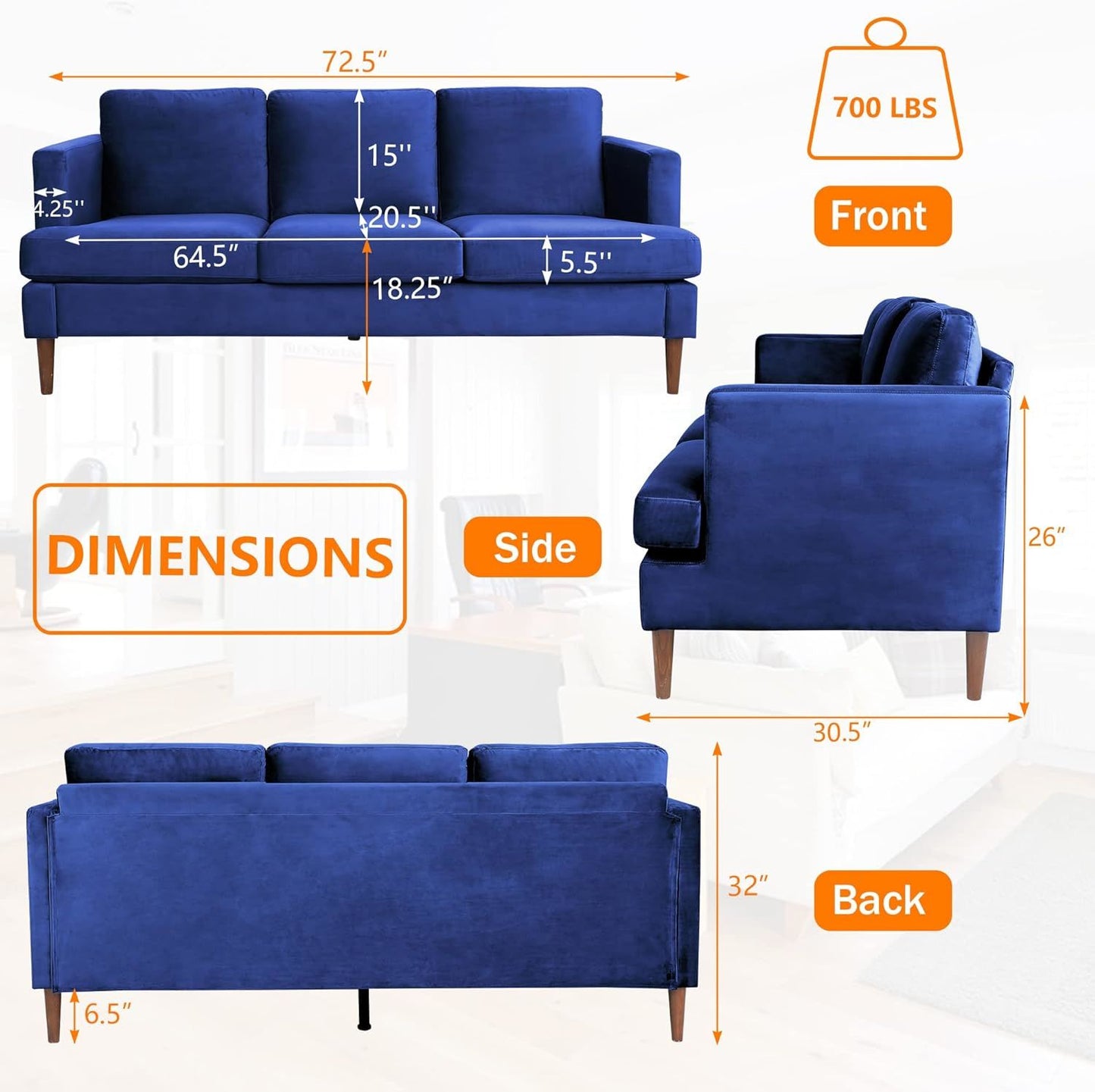 velvet tufted couch, navy blue