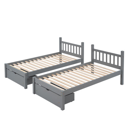 Triple Bunk Bed with Drawers and Guardrails, Gray