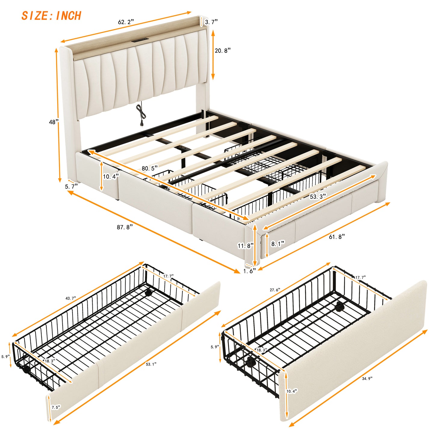 queen size bed frame with storage headboard and charging station, beige