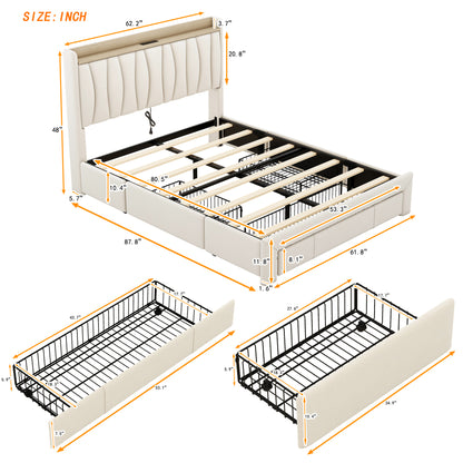 Queen Size Bed Frame with Storage Headboard and Charging Station, Beige
