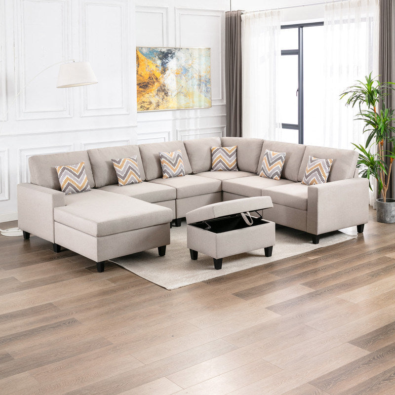 nolan 7pc reversible chaise sectional sofa with interchangeable legs, 6 pillows and storage ottoman