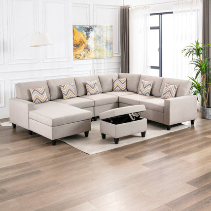 Nolan 7Pc Reversible Chaise Sectional Sofa with Interchangeable Legs, 6 Pillows and Storage Ottoman