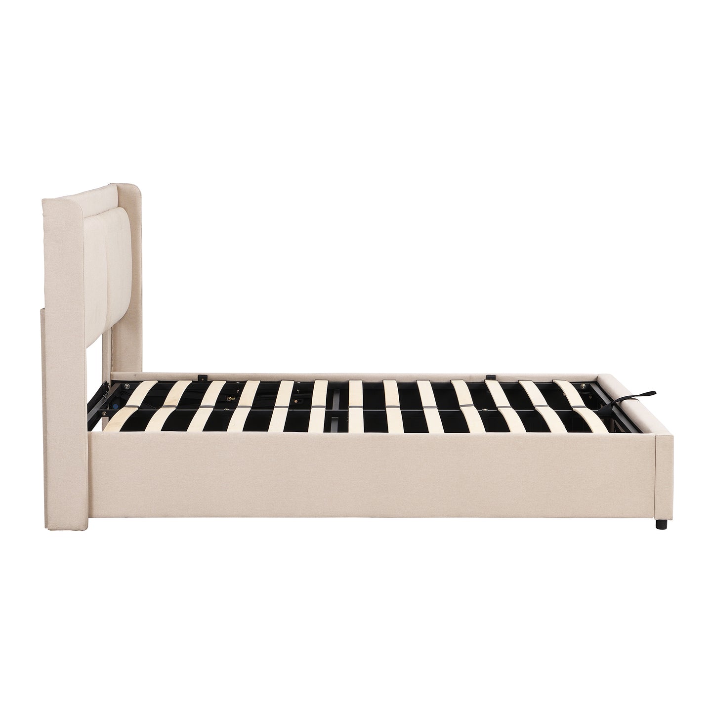 queen size storage upholstered hydraulic platform bed with 2 drawers, beige