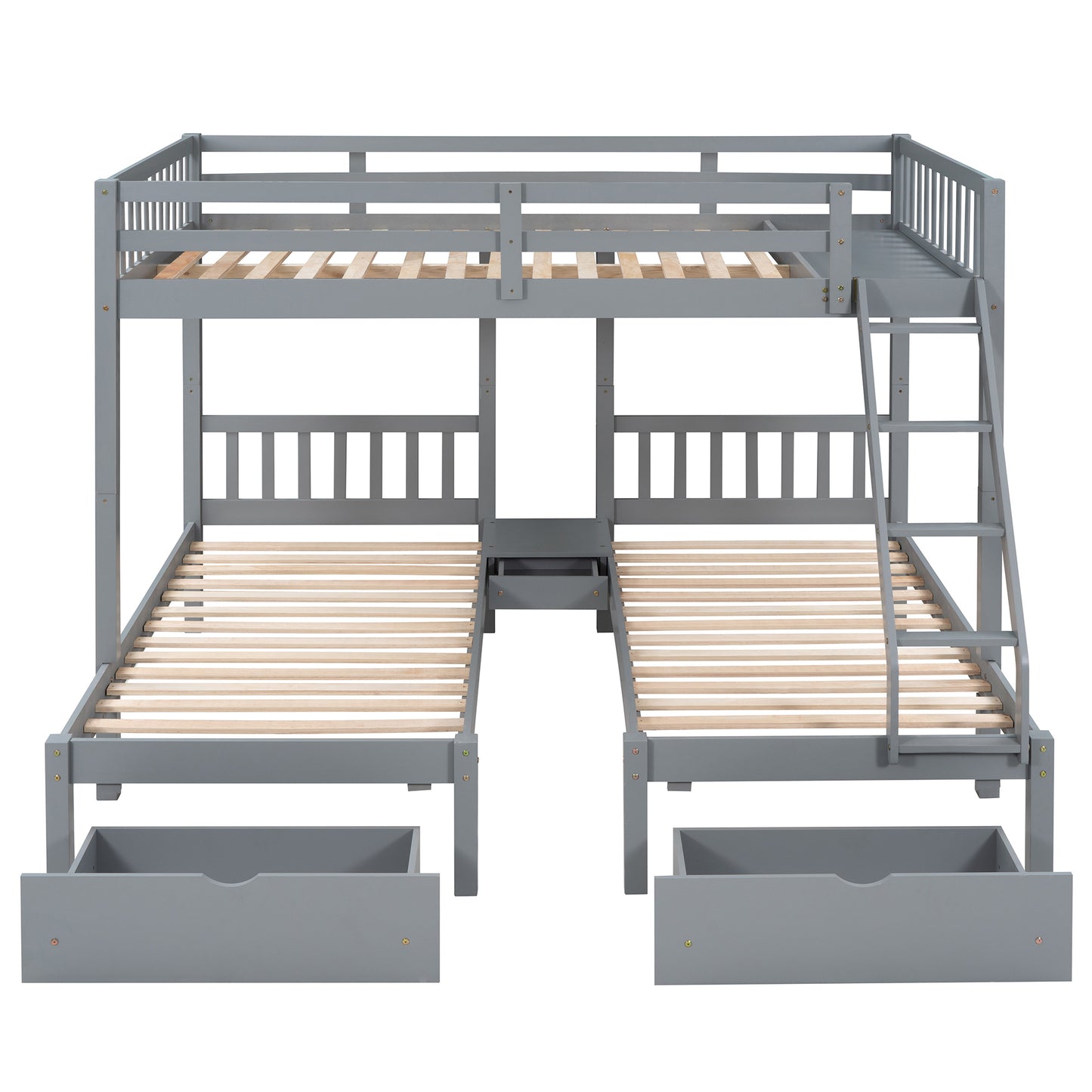 triple bunk bed with drawers and guardrails, gray