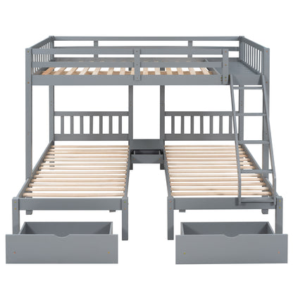 Triple Bunk Bed with Drawers and Guardrails, Gray