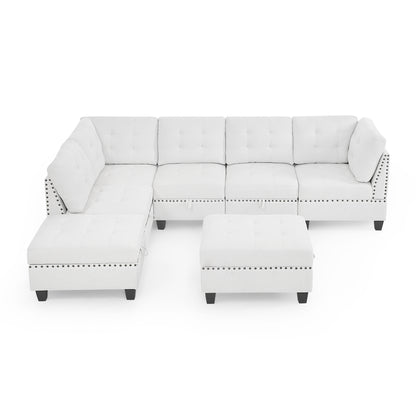 L shape Modular Sectional Sofa includes 2 Ottomans, Ivory Chenille