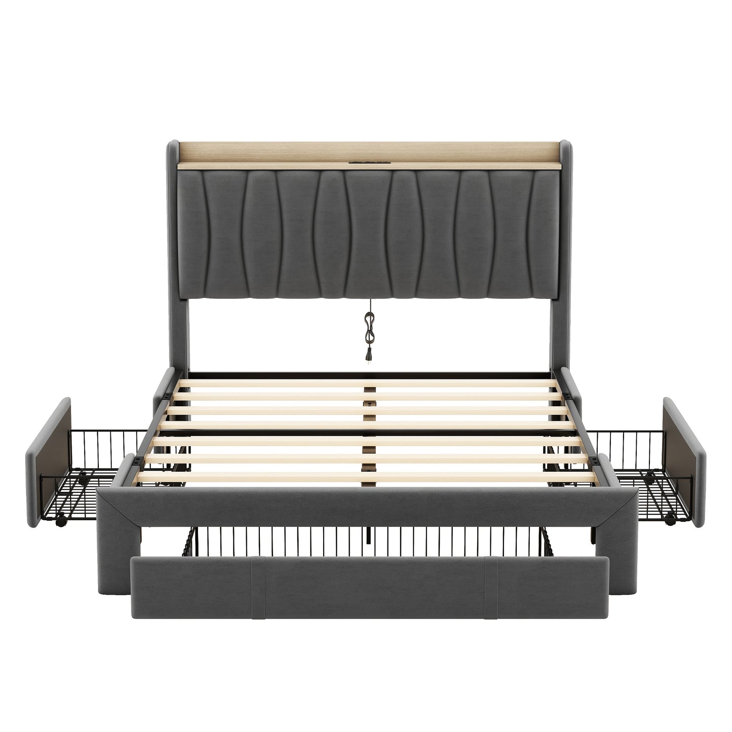 queen size bed frame with storage headboard and charging station,dark gray
