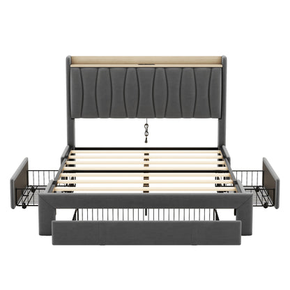 Queen Size Bed Frame with Storage Headboard and Charging Station,Dark Gray