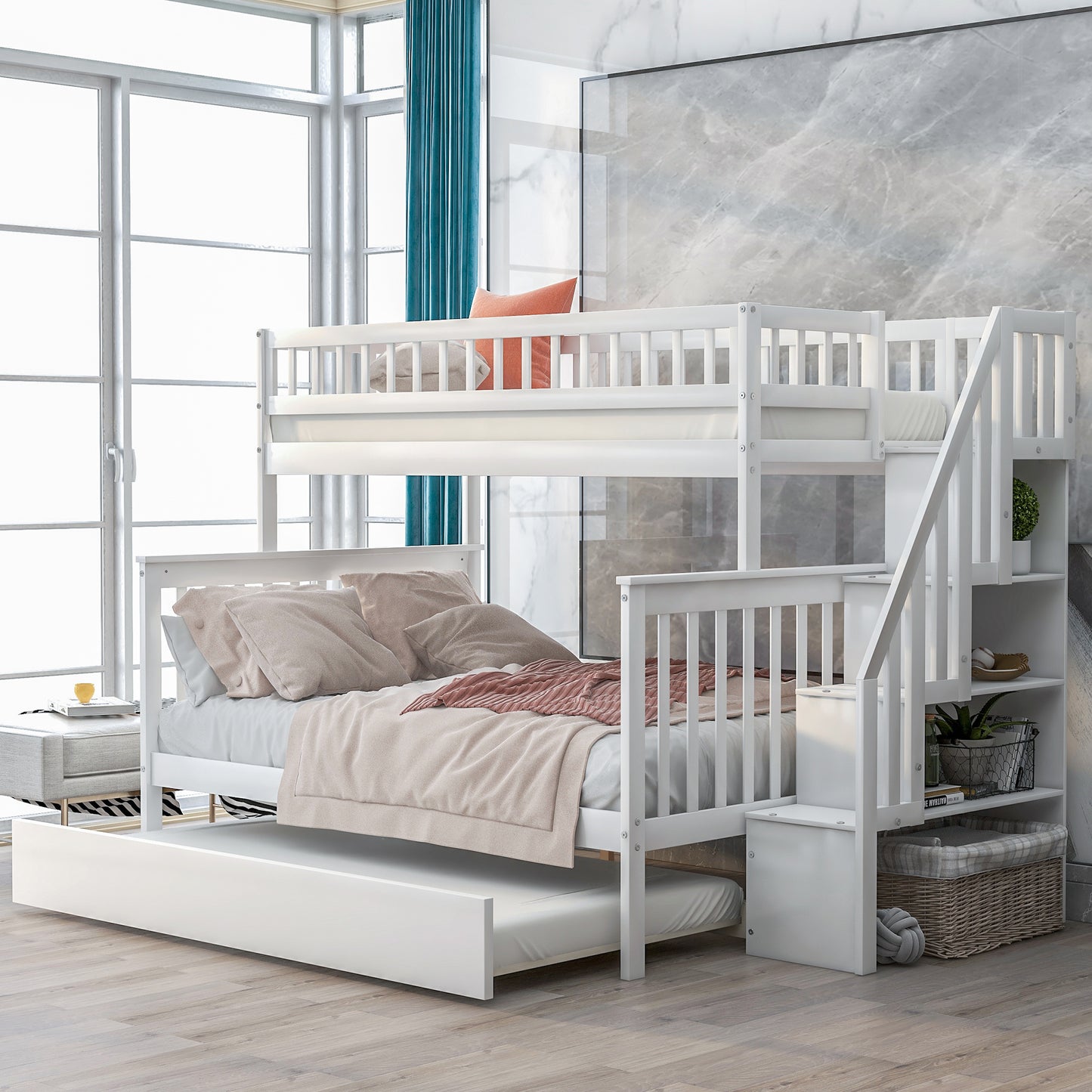 twin over full bunk bed with trundle and staircase,white