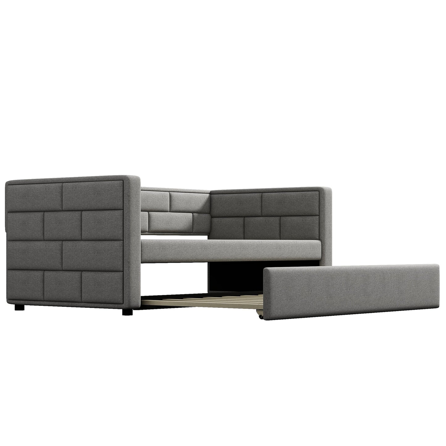 upholstered bed with padded back, gray