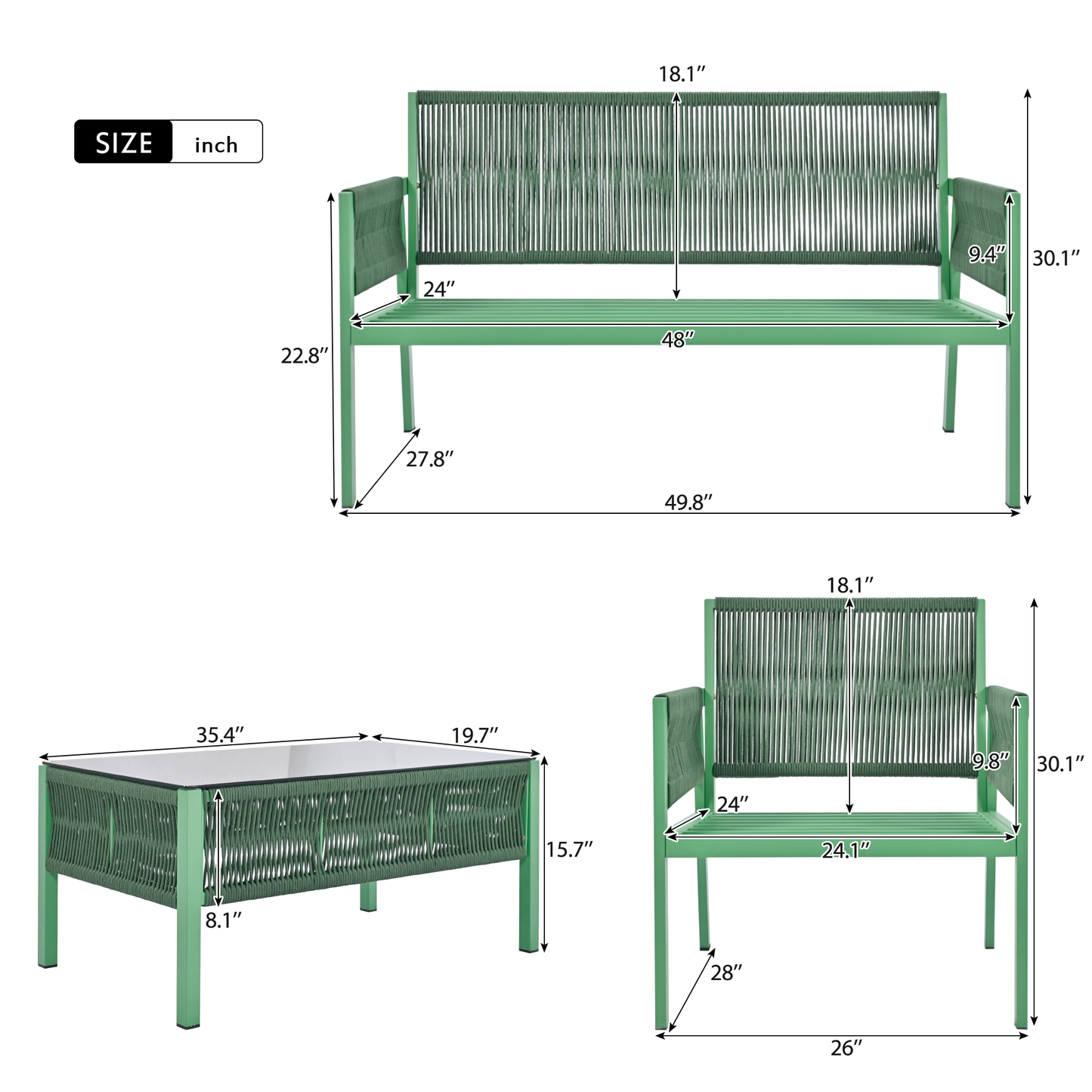 k&k 4-piece rope patio furniture set, fluorescent yellow & green